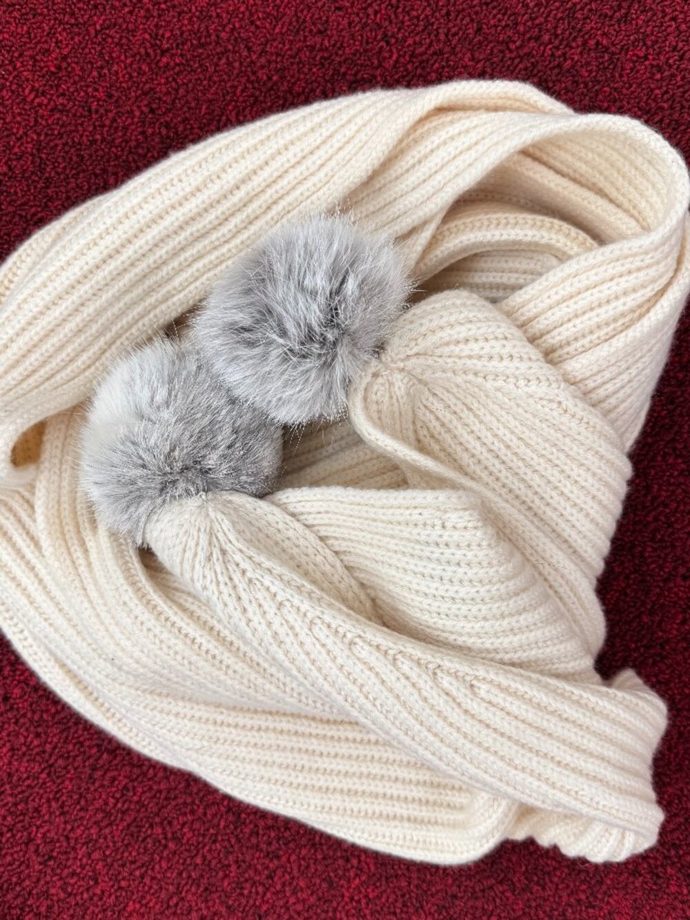 NWOT LK Bennett SC Roma Scarf Cream Rabbit Hair with Pom-poms OS